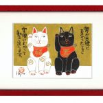 版画 ねこタイ G 額付き メディウム剥がし刷り 猫 ネコ 招き猫 まねき猫 招き猫猫 【大】 | megumix